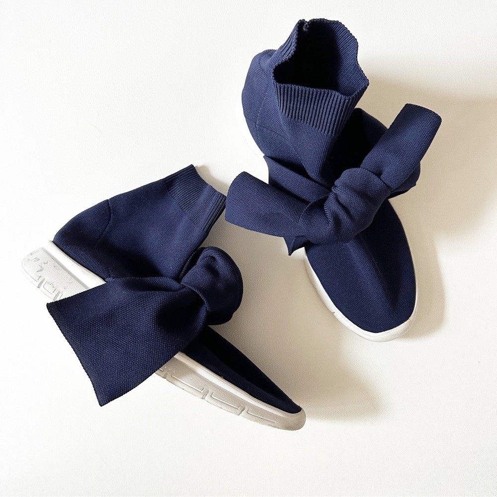 Joshua Sanders Bow Embellished Pull-on Knit Sock High Top Sneakers Navy 39